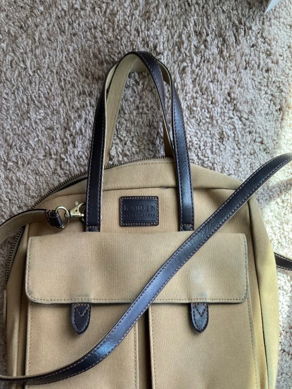 Lauren Ralph Lauren Vintage Canvas Leather Shoulder Satchel Tote Bag Beige Brown